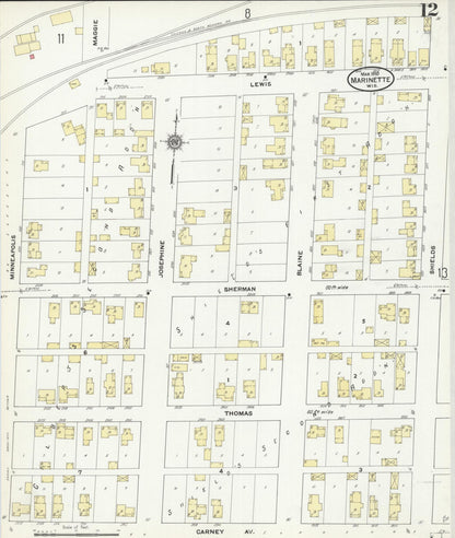 Sanborn Fire Insurance Map from Marinette, Marinette County, Wisconsin (1910), Sheet #0012 - Historic Sanborn Fire Insurance Map Print, vintage old map wall art, antique decor, genealogy gift, Wisconsin Wisconsin map