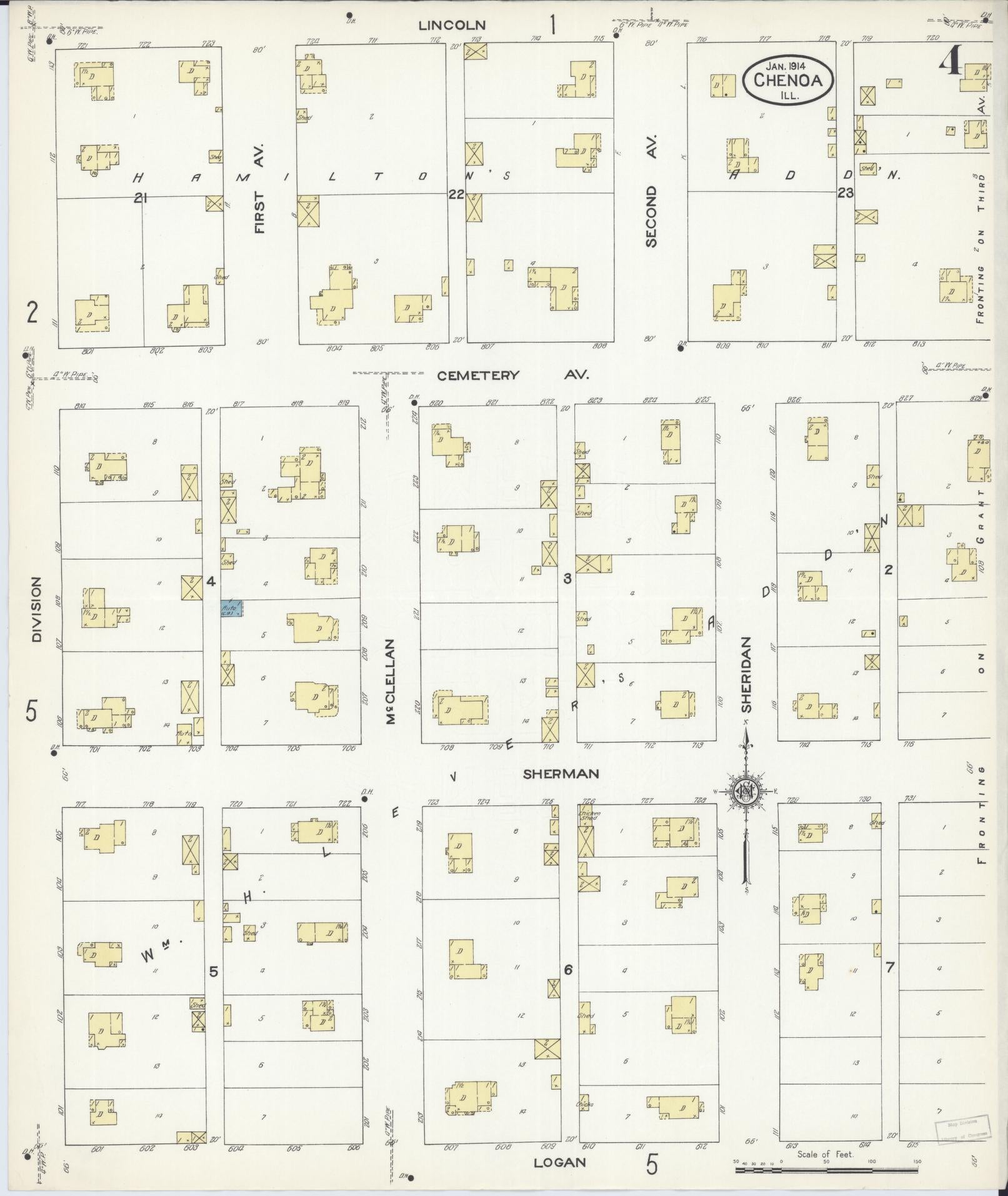 Sanborn Fire Insurance Map from Chenoa, McLean County, Illinois (1914), Sheet #0004 - Complete Map Set gallery image, historic Sanborn map, vintage wall art, Illinois Illinois