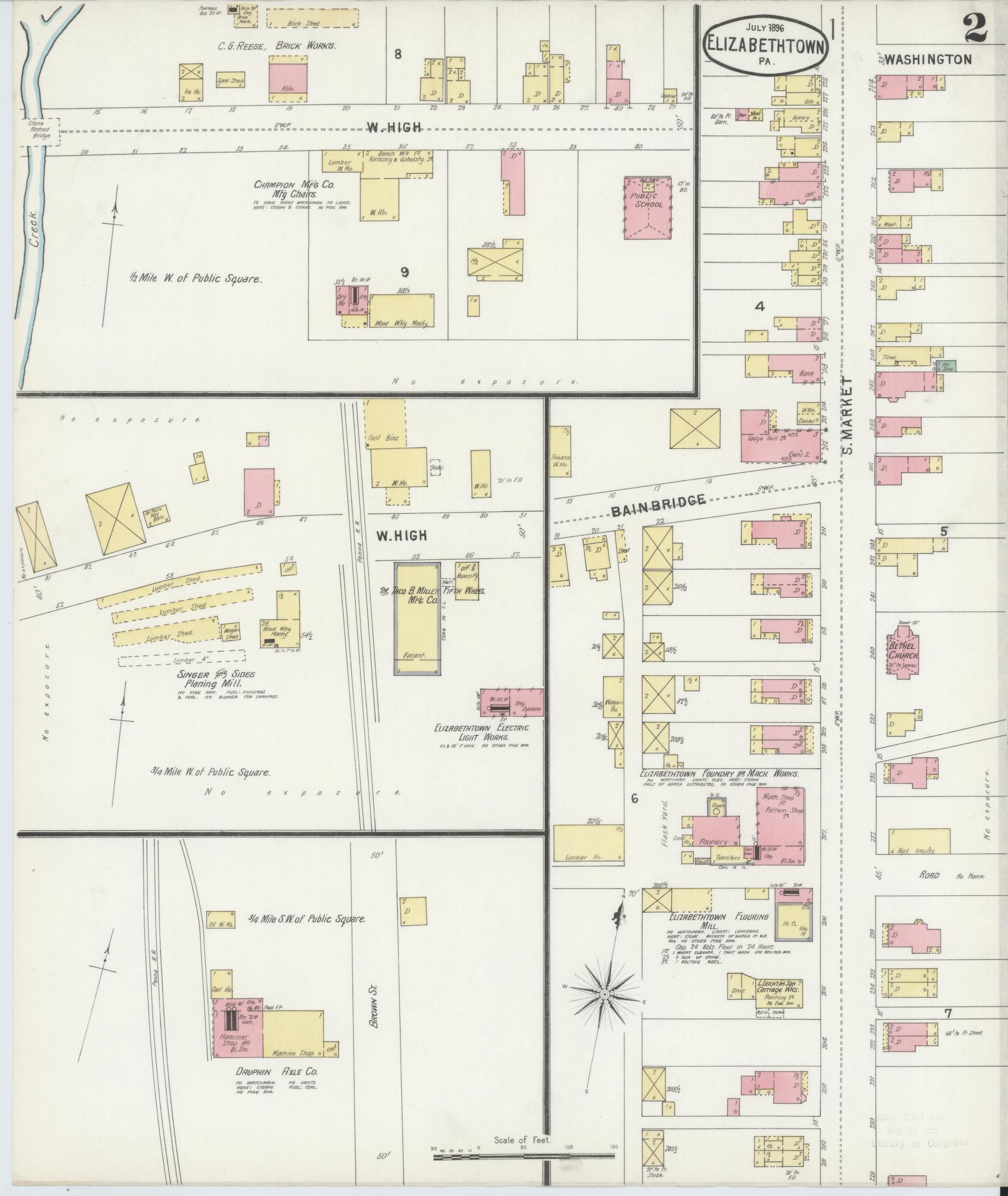 Sanborn Fire Insurance Map from Elizabethtown, Lancaster County, Pennsylvania (1896), Sheet #0002 - Historic Sanborn Fire Insurance Map Print, vintage old map wall art, antique decor, genealogy gift, Pennsylvania Pennsylvania map