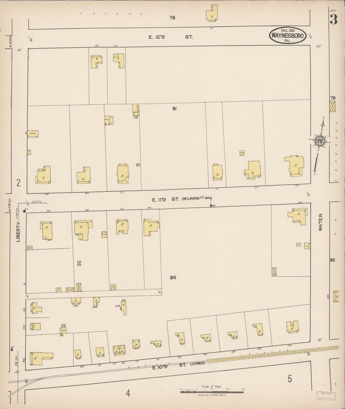 Sanborn Fire Insurance Map from Waynesboro, Burke County, Georgia (1921), Sheet #0003 - Historic Sanborn Fire Insurance Map Print, vintage old map wall art, antique decor, genealogy gift, Georgia Georgia map