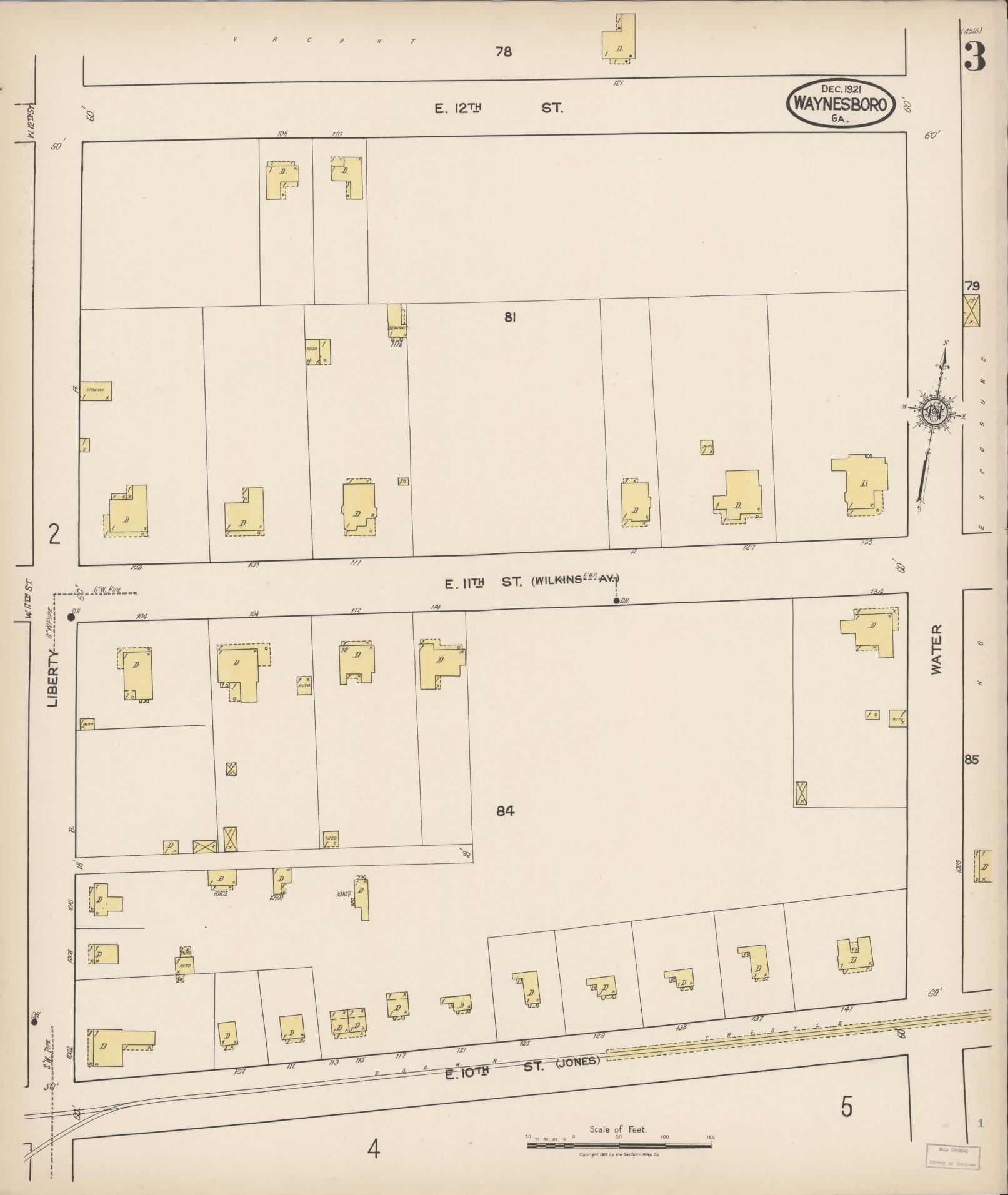 Sanborn Fire Insurance Map from Waynesboro, Burke County, Georgia (1921), Sheet #0003 - Historic Sanborn Fire Insurance Map Print, vintage old map wall art, antique decor, genealogy gift, Georgia Georgia map