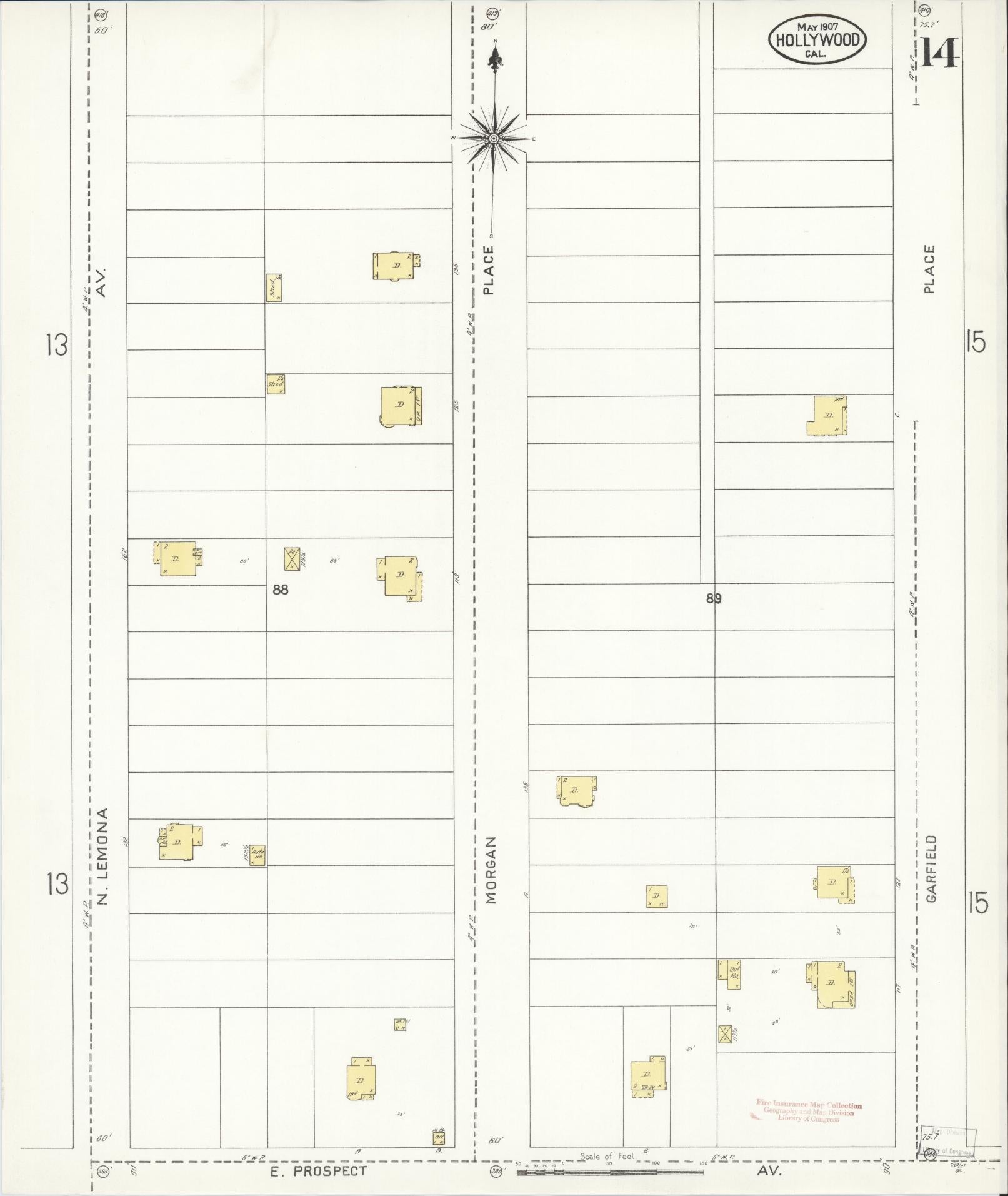 Sanborn Fire Insurance Map from Hollywood, Los Angeles County, California (1907), Sheet #0014 - Complete Map Set gallery image, historic Sanborn map, vintage wall art, California California