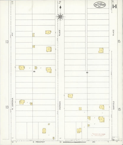 Sanborn Fire Insurance Map from Hollywood, Los Angeles County, California (1907), Sheet #0014 - Complete Map Set gallery image, historic Sanborn map, vintage wall art, California California