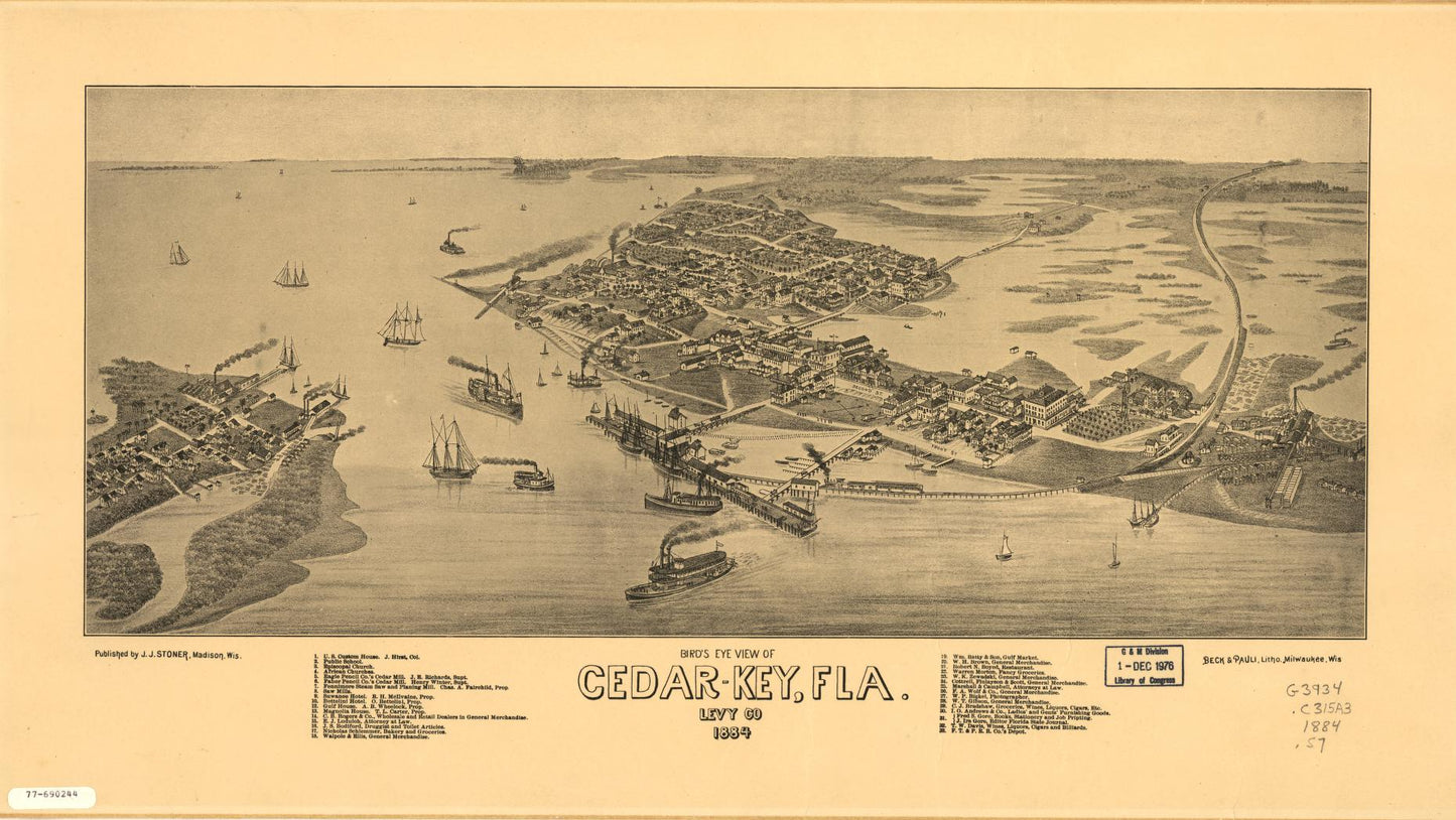 Bird's eye view of Cedar-Key, Fla., Levy Co. (1884) – Historic Bird’s-Eye View Panorama Print