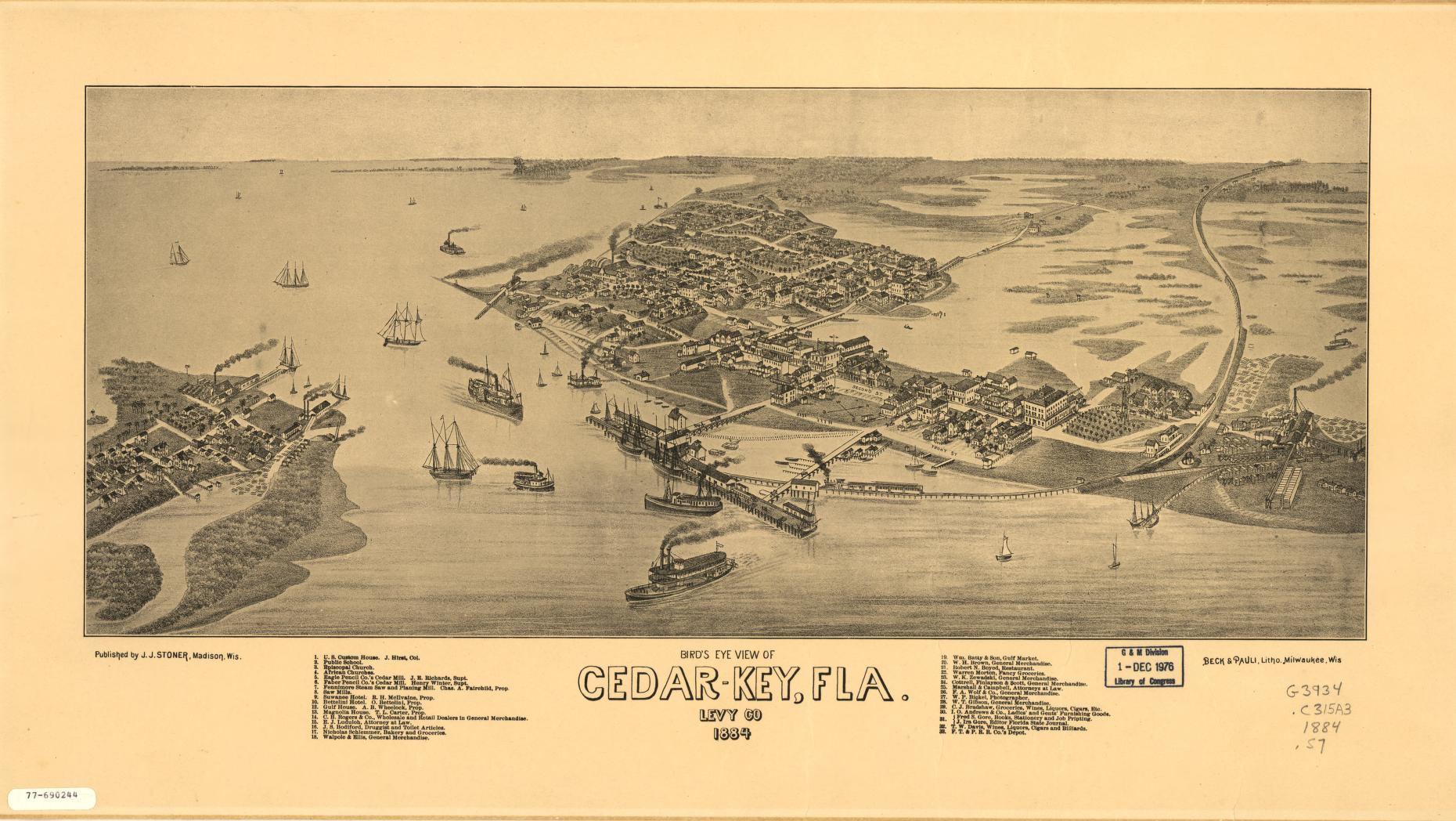 Bird's eye view of Cedar-Key, Fla., Levy Co. (1884) – Historic Bird’s-Eye View Panorama Print