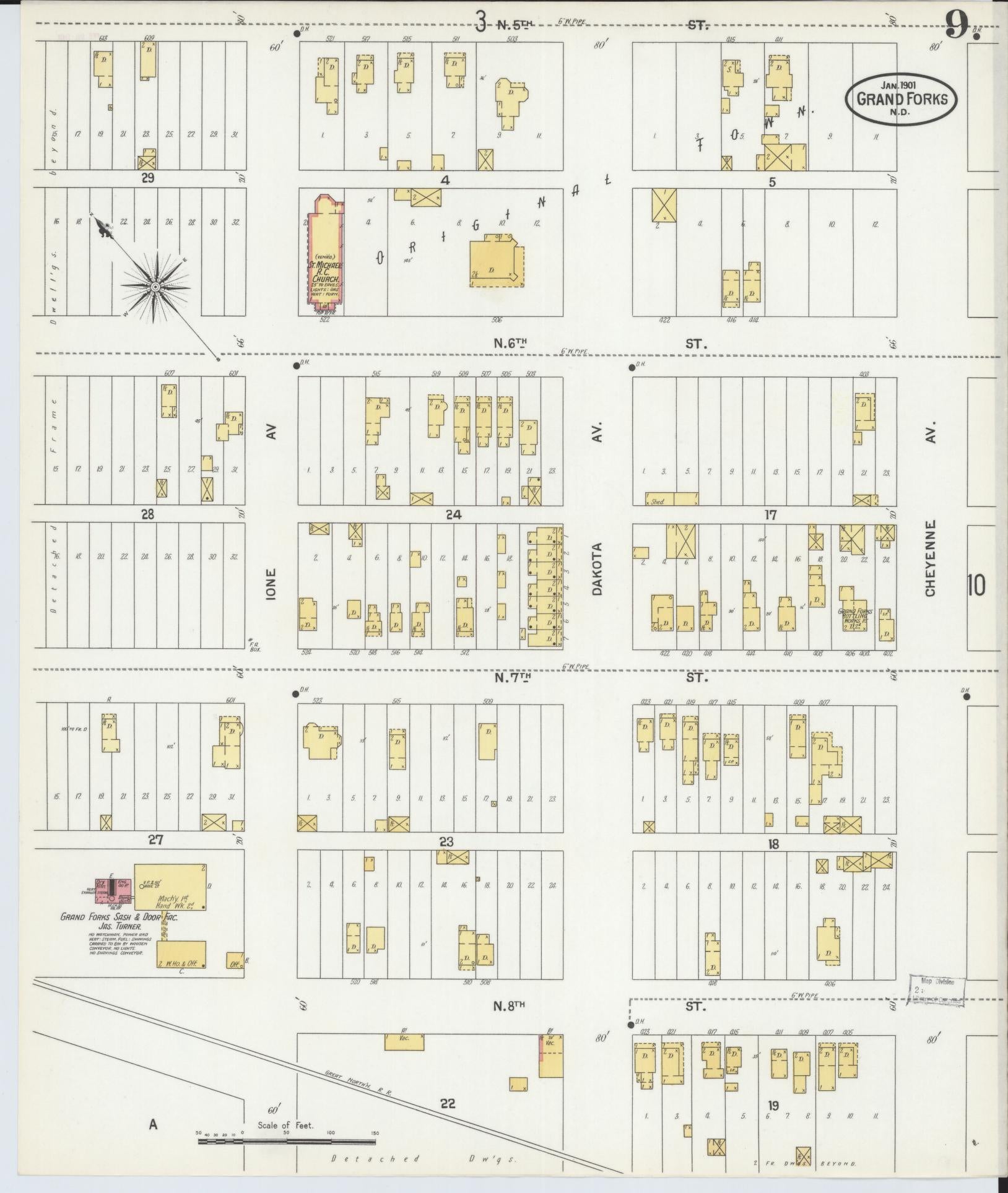 Sanborn Fire Insurance Map from Grand Forks, Grand Forks County, North Dakota (1901), Sheet #0009 - Complete Map Set gallery image, historic Sanborn map, vintage wall art, North Dakota North Dakota