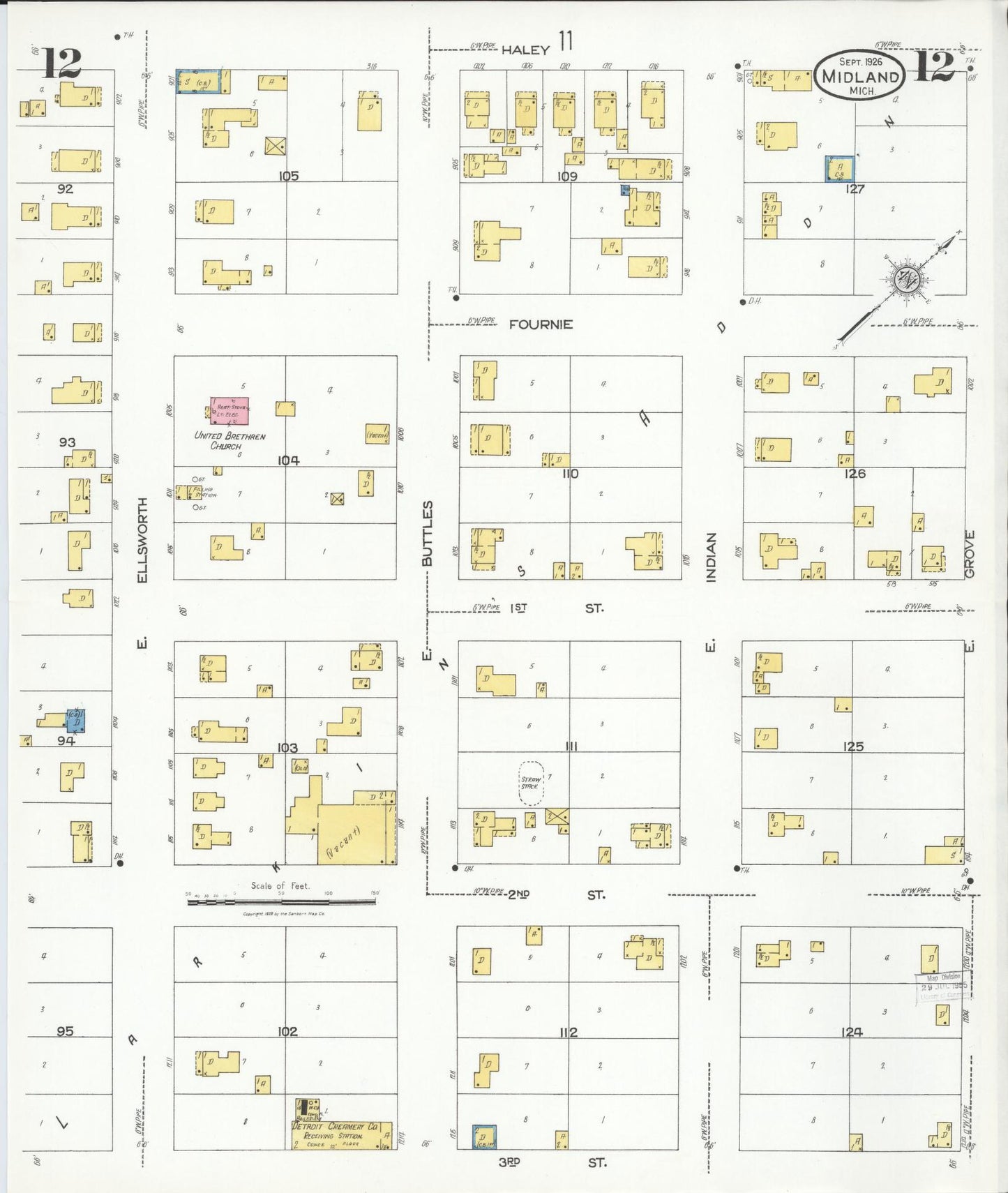 Sanborn Fire Insurance Map from Midland, Midland County, Michigan (1926), Sheet #0012 - Complete Map Set gallery image, historic Sanborn map, vintage wall art, Michigan Michigan