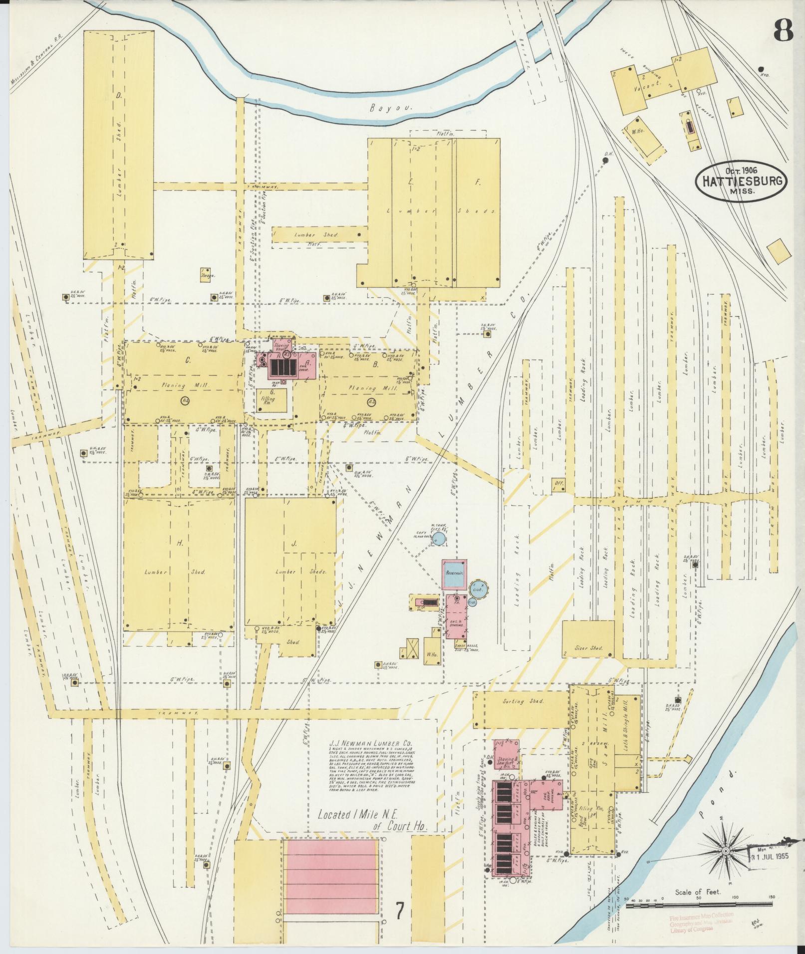 Sanborn Fire Insurance Map from Hattiesburg, Forrest County, Mississippi (1906), Sheet #0008 - Complete Map Set gallery image, historic Sanborn map, vintage wall art, Mississippi Mississippi