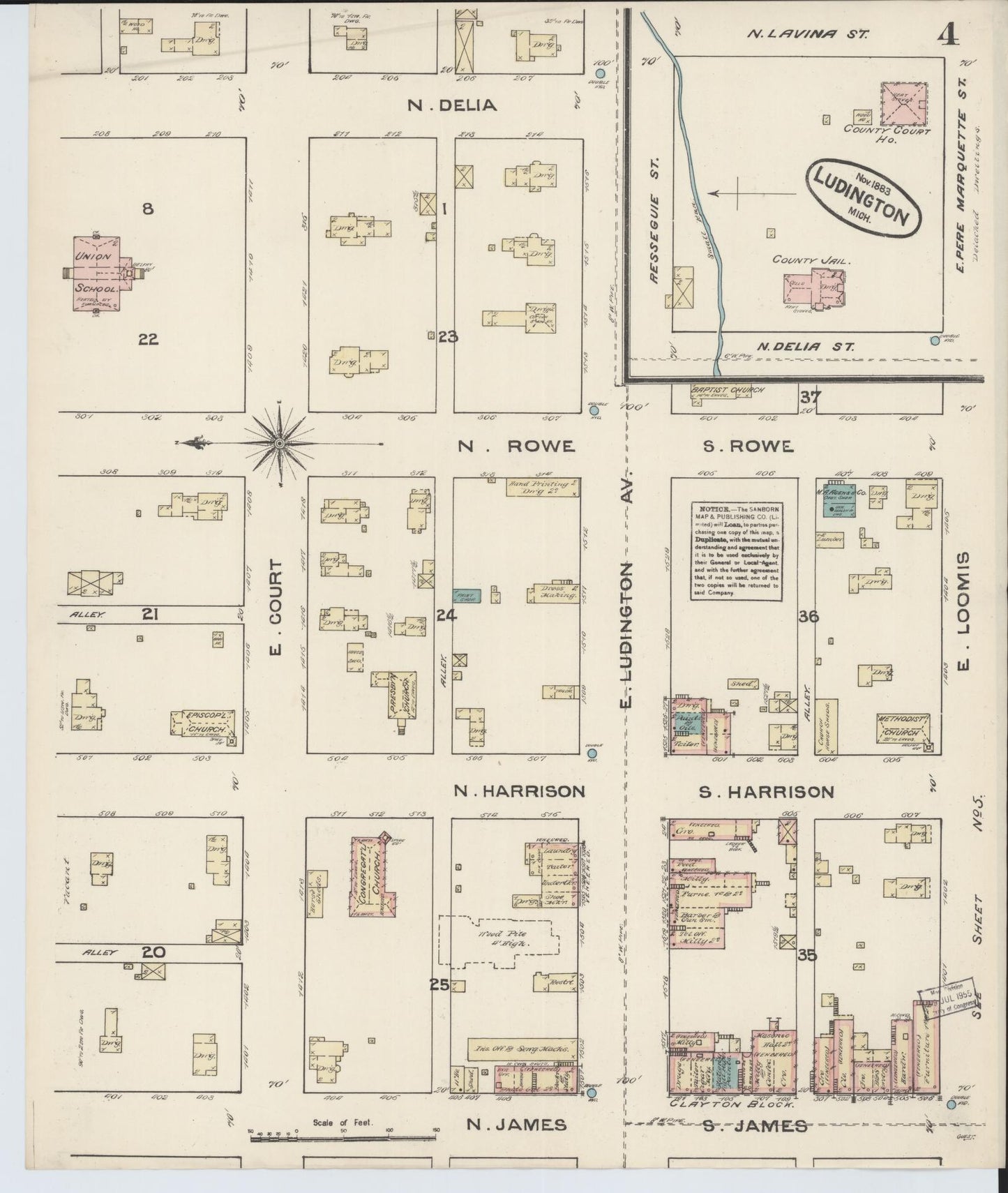 Sanborn Fire Insurance Map from Ludington, Mason County, Michigan (1883), Sheet #0004 - Complete Map Set gallery image, historic Sanborn map, vintage wall art, Michigan Michigan
