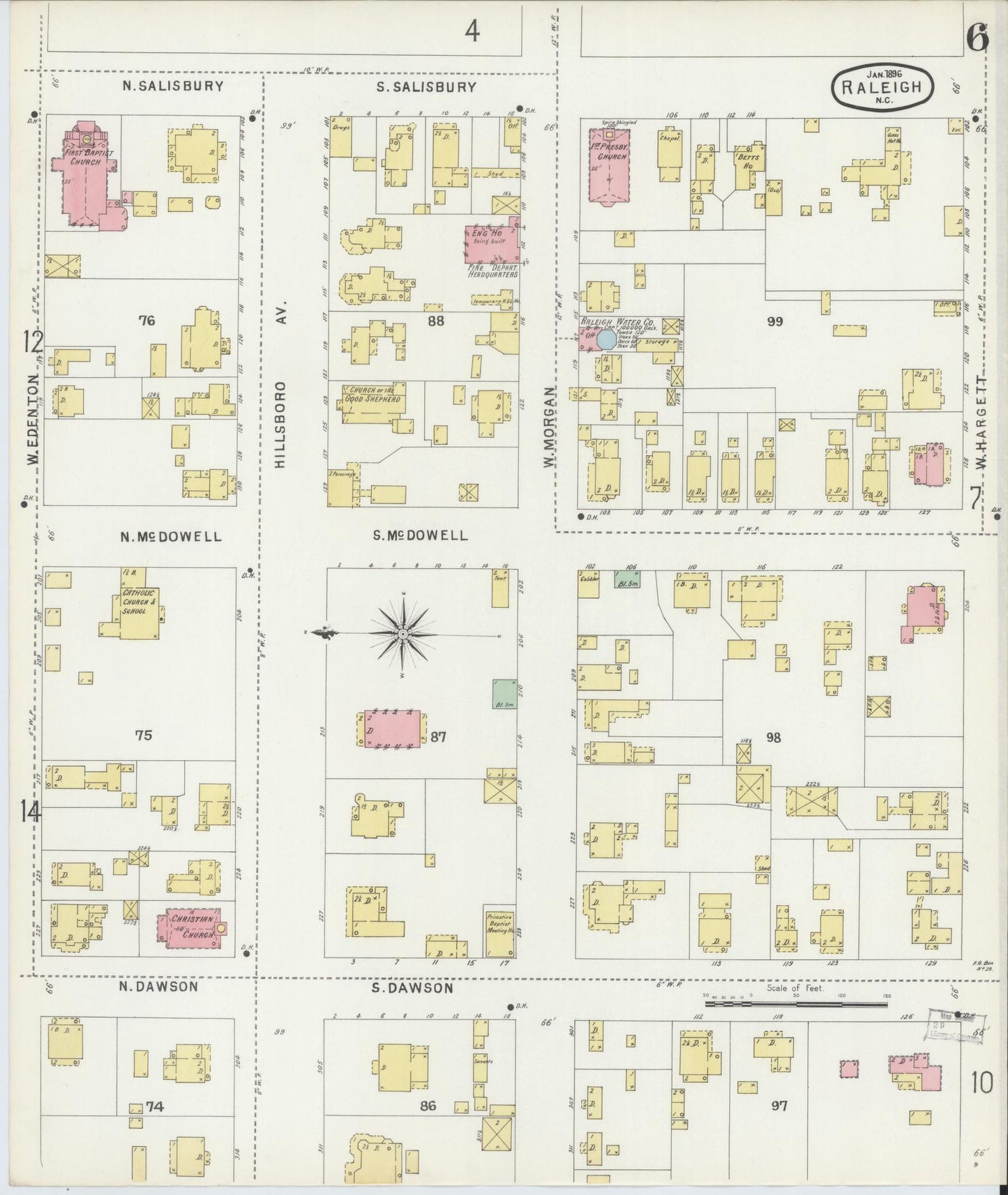 Sanborn Fire Insurance Map from Raleigh, Wake County, North Carolina (1896), Sheet #0006 - Complete Map Set gallery image, historic Sanborn map, vintage wall art, North Carolina North Carolina