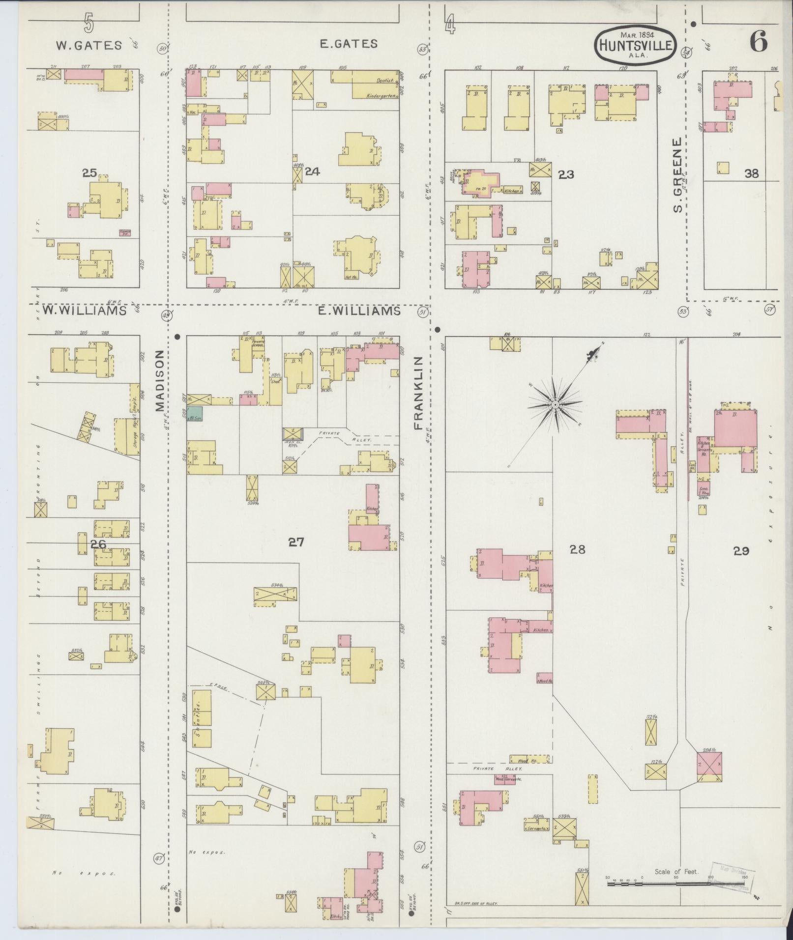 Sanborn Fire Insurance Map from Huntsville, Madison County, Alabama (1894), Sheet #0006 - Historic Sanborn Fire Insurance Map Print, vintage old map wall art, antique decor, genealogy gift, Alabama Alabama map
