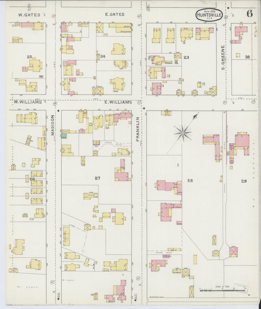 Sanborn Fire Insurance Map from Huntsville, Madison County, Alabama (1894), Sheet #0006 - Historic Sanborn Fire Insurance Map Print, vintage old map wall art, antique decor, genealogy gift, Alabama Alabama map