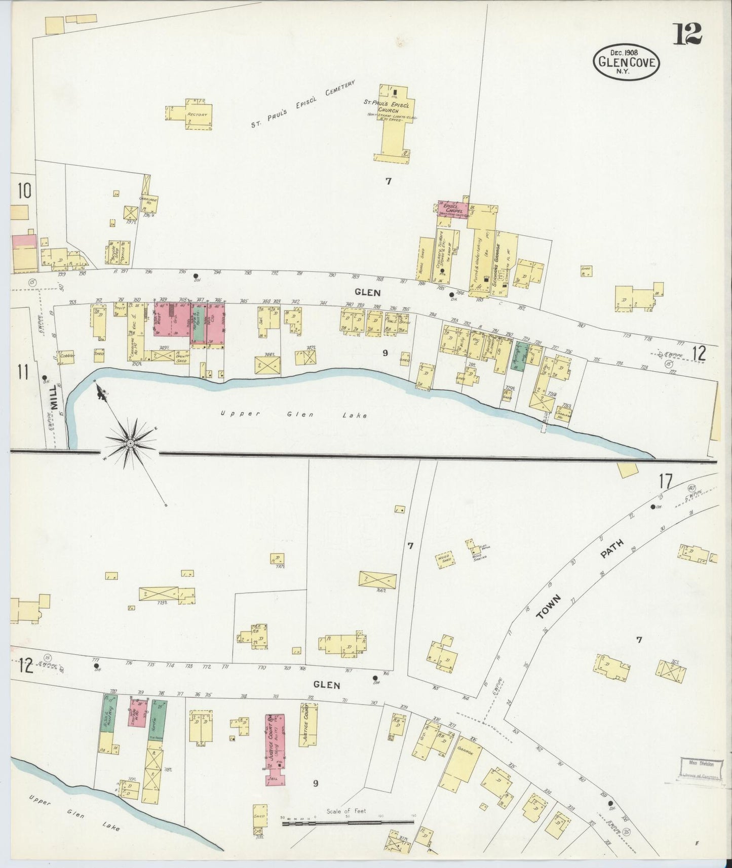 Sanborn Fire Insurance Map from Glen Cove, Nassau County, New York (1908), Sheet #0012 - Historic Sanborn Fire Insurance Map Print, vintage old map wall art, antique decor, genealogy gift, New York New York map