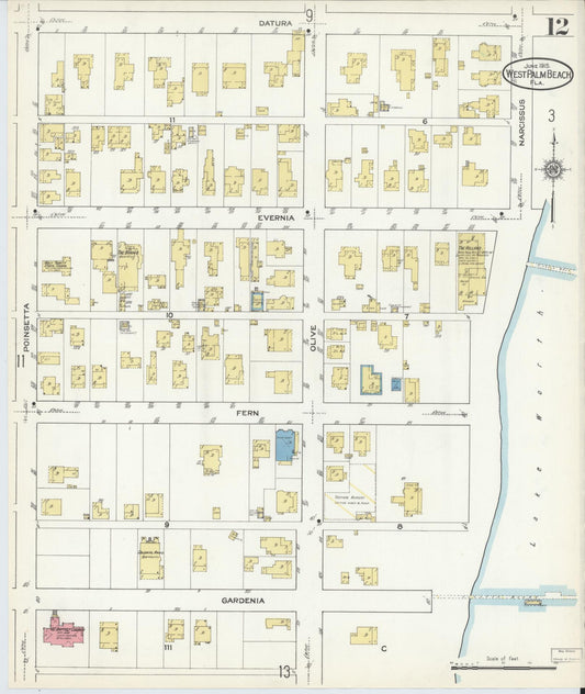 Sanborn Fire Insurance Map from West Palm Beach, Dade County, Florida (1915), Sheet #0012 - Historic Sanborn Fire Insurance Map Print, vintage old map wall art, antique decor, genealogy gift, Florida Florida map