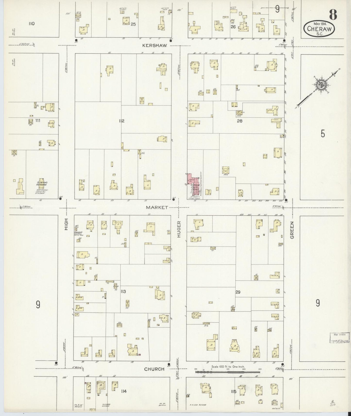 Sanborn Fire Insurance Map from Cheraw, Chesterfield County, South Carolina (1914), Sheet #0008 - Complete Map Set gallery image, historic Sanborn map, vintage wall art, South Carolina South Carolina