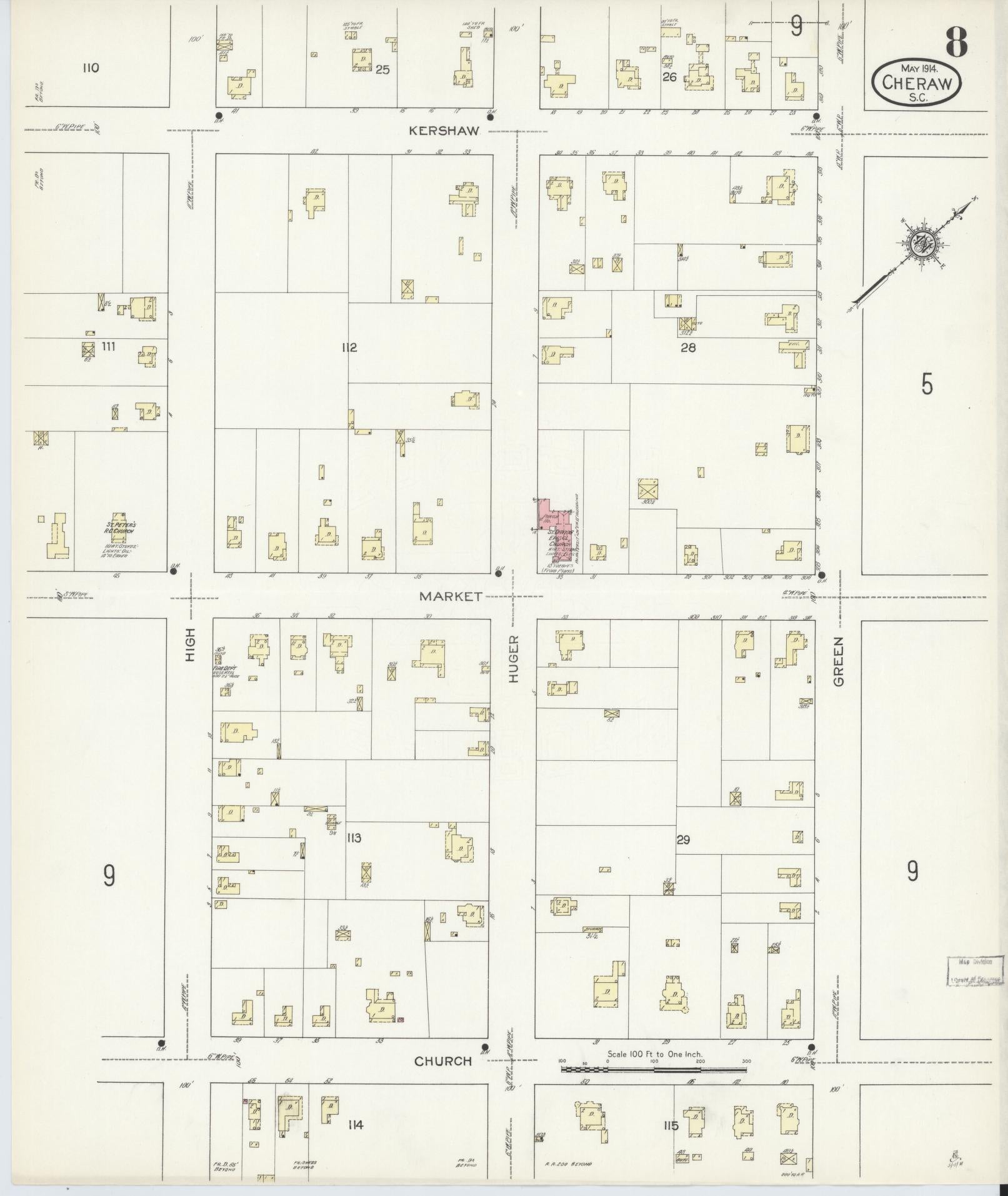 Sanborn Fire Insurance Map from Cheraw, Chesterfield County, South Carolina (1914), Sheet #0008 - Complete Map Set gallery image, historic Sanborn map, vintage wall art, South Carolina South Carolina