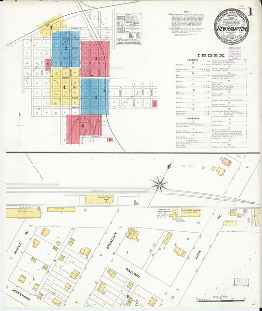 Sanborn Fire Insurance Map from New Hampton, Chickasaw County, Iowa (1905), Sheet #0001 - Historic Sanborn Fire Insurance Map Print, vintage old map wall art