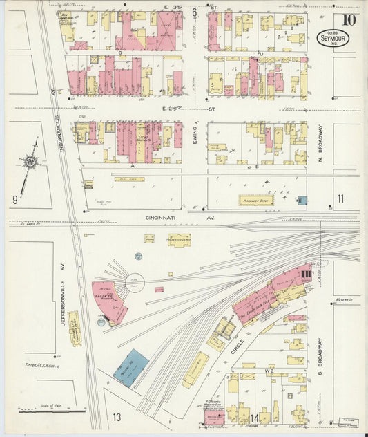 Sanborn Fire Insurance Map from Seymour, Jackson County, Indiana (1913), Sheet #0010 - Historic Sanborn Fire Insurance Map Print, vintage old map wall art, antique decor, genealogy gift, Indiana Indiana map