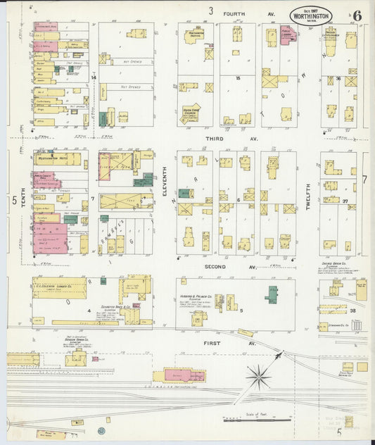 Sanborn Fire Insurance Map from Worthington, Nobles County, Minnesota (1907), Sheet #0006 - Historic Sanborn Fire Insurance Map Print, vintage old map wall art, antique decor, genealogy gift, Minnesota Minnesota map