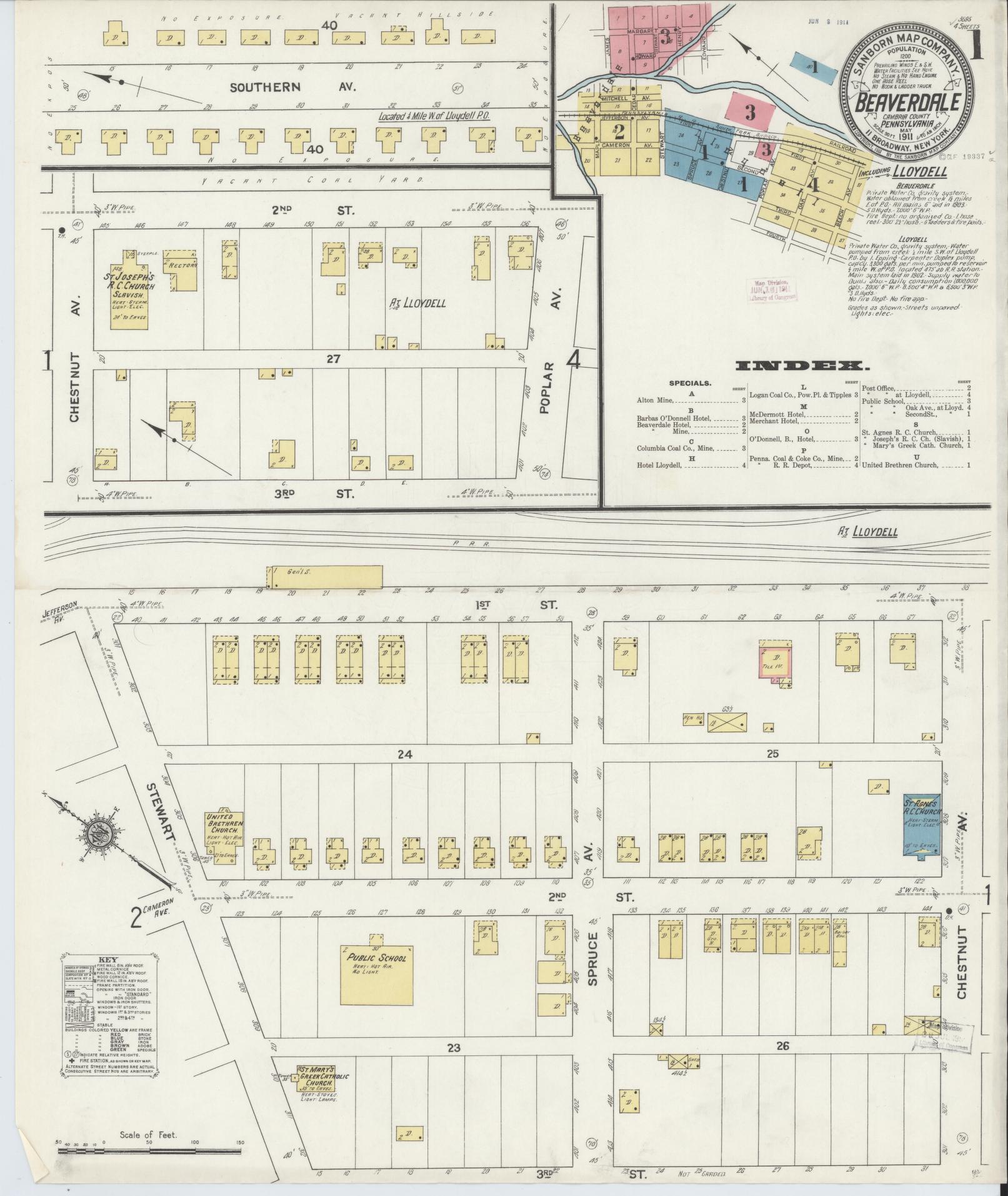 Sanborn Fire Insurance Map from Beaverdale, Cambria County, Pennsylvania (1911), Sheet #0001 - Historic Sanborn Fire Insurance Map Print, vintage old map wall art, antique decor, genealogy gift, Pennsylvania Pennsylvania map