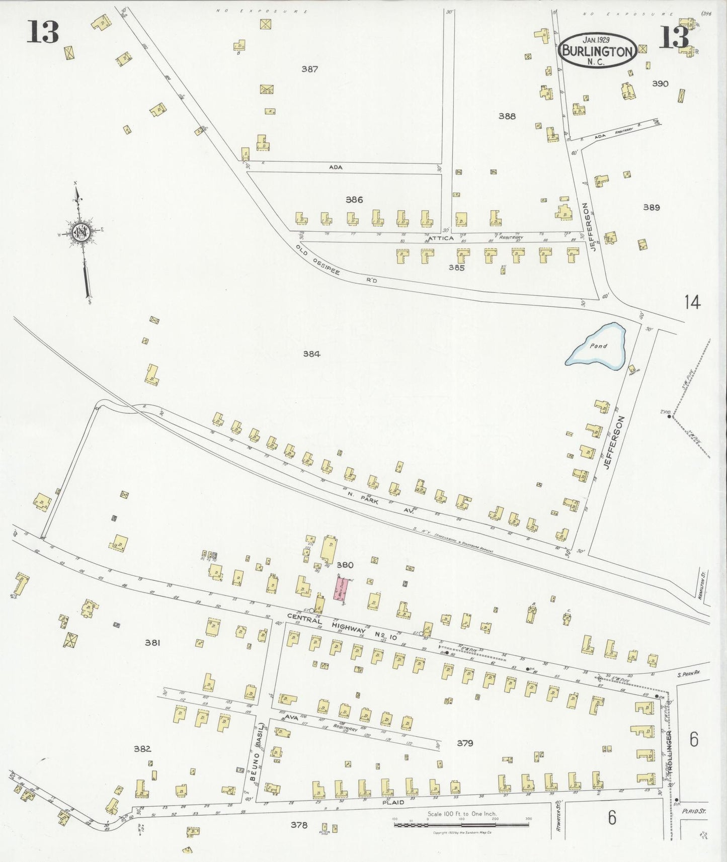 Sanborn Fire Insurance Map from Burlington, Alamance County, North Carolina (1929), Sheet #0013 - Historic Sanborn Fire Insurance Map Print, vintage old map wall art, antique decor, genealogy gift, North Carolina North Carolina map