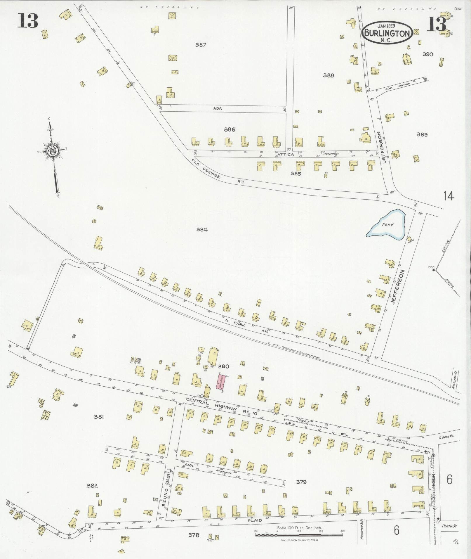 Sanborn Fire Insurance Map from Burlington, Alamance County, North Carolina (1929), Sheet #0013 - Historic Sanborn Fire Insurance Map Print, vintage old map wall art, antique decor, genealogy gift, North Carolina North Carolina map