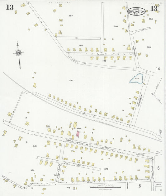 Sanborn Fire Insurance Map from Burlington, Alamance County, North Carolina (1929), Sheet #0013 - Historic Sanborn Fire Insurance Map Print, vintage old map wall art, antique decor, genealogy gift, North Carolina North Carolina map