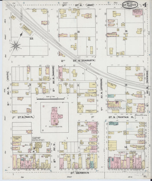 Sanborn Fire Insurance Map from Saint Cloud, Stearns, Benton, and Sherburne Counties, Minnesota (1889), Sheet #0004 - Historic Sanborn Fire Insurance Map Print, vintage old map wall art, antique decor, genealogy gift, Minnesota Minnesota map