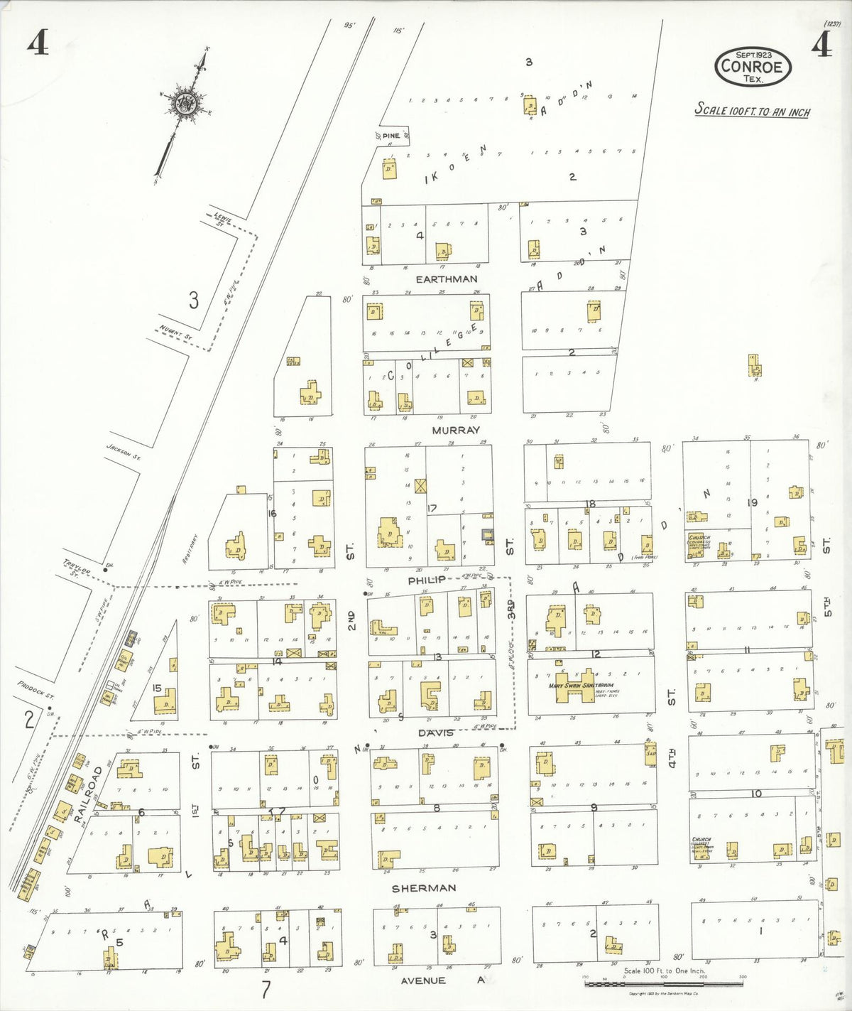 Sanborn Fire Insurance Map from Conroe, Montgomery County, Texas (1923), Sheet #0004 - Complete Map Set gallery image, historic Sanborn map, vintage wall art, Texas Texas
