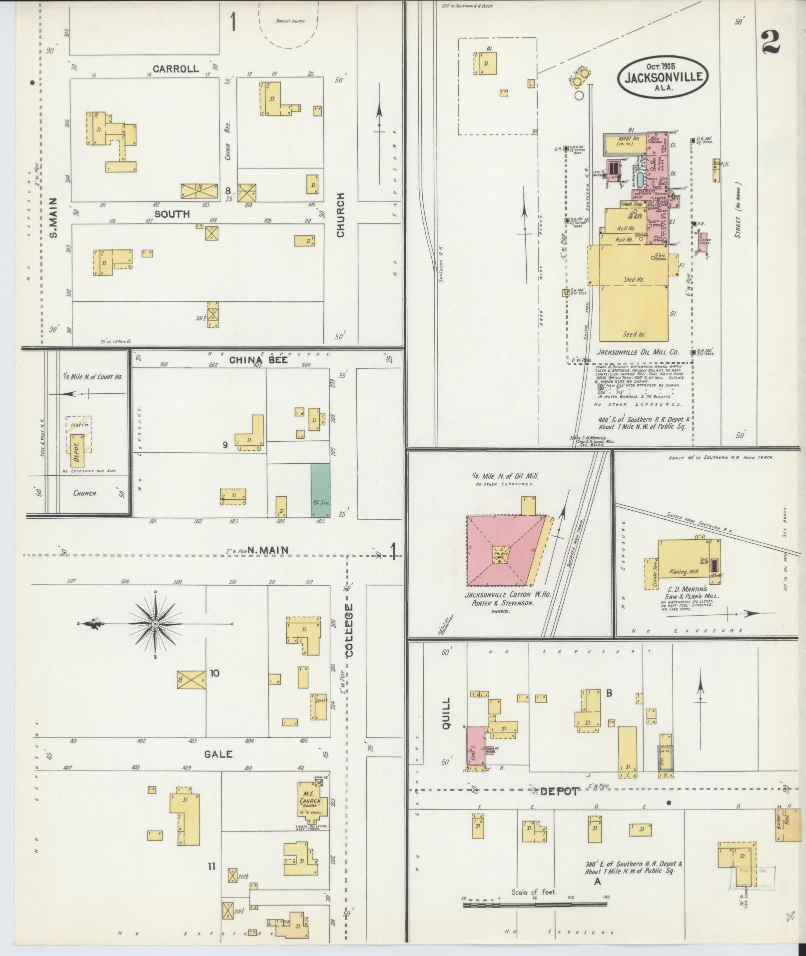 Sanborn Fire Insurance Map from Jacksonville, Calhoun County, Alabama (1905), Sheet #0002 - Historic Sanborn Fire Insurance Map Print, vintage old map wall art, antique decor, genealogy gift, Alabama Alabama map