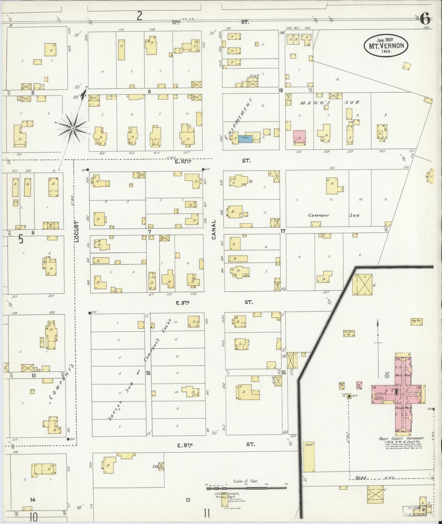 Sanborn Fire Insurance Map from Mount Vernon, Posey County, Indiana (1907), Sheet #0006 - Historic Sanborn Fire Insurance Map Print, vintage old map wall art, antique decor, genealogy gift, Indiana Indiana map