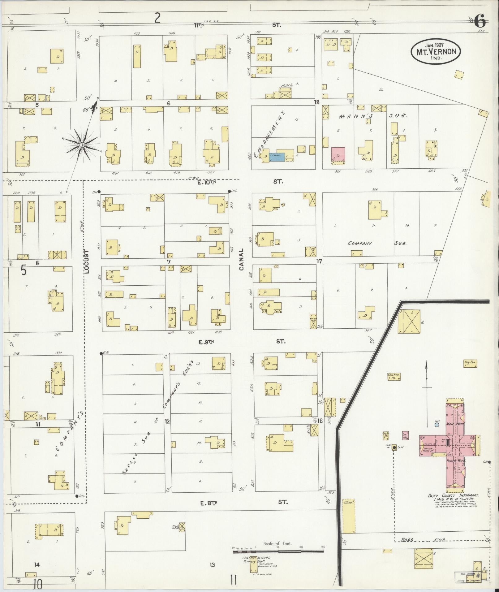 Sanborn Fire Insurance Map from Mount Vernon, Posey County, Indiana (1907), Sheet #0006 - Historic Sanborn Fire Insurance Map Print, vintage old map wall art, antique decor, genealogy gift, Indiana Indiana map