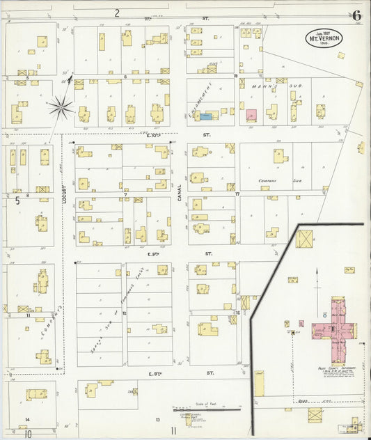 Sanborn Fire Insurance Map from Mount Vernon, Posey County, Indiana (1907), Sheet #0006 - Historic Sanborn Fire Insurance Map Print, vintage old map wall art, antique decor, genealogy gift, Indiana Indiana map