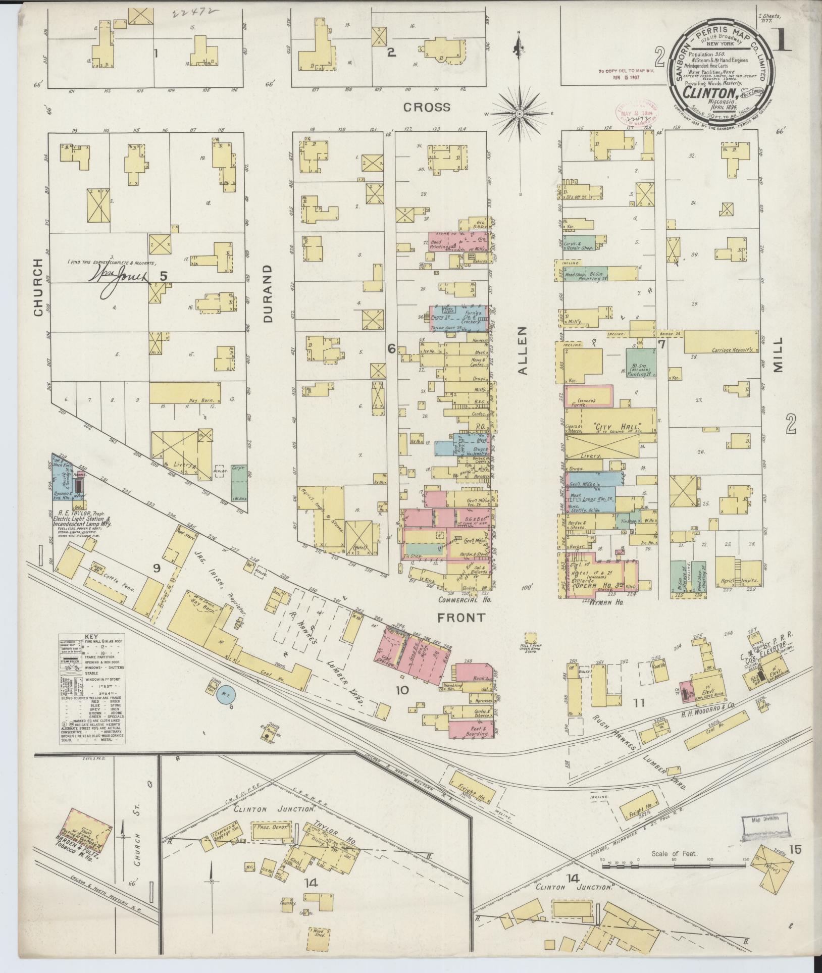 Sanborn Fire Insurance Map from Clinton, Rock County, Wisconsin (1894), Sheet #0001 - Complete Map Set gallery image, historic Sanborn map, vintage wall art, Wisconsin Wisconsin