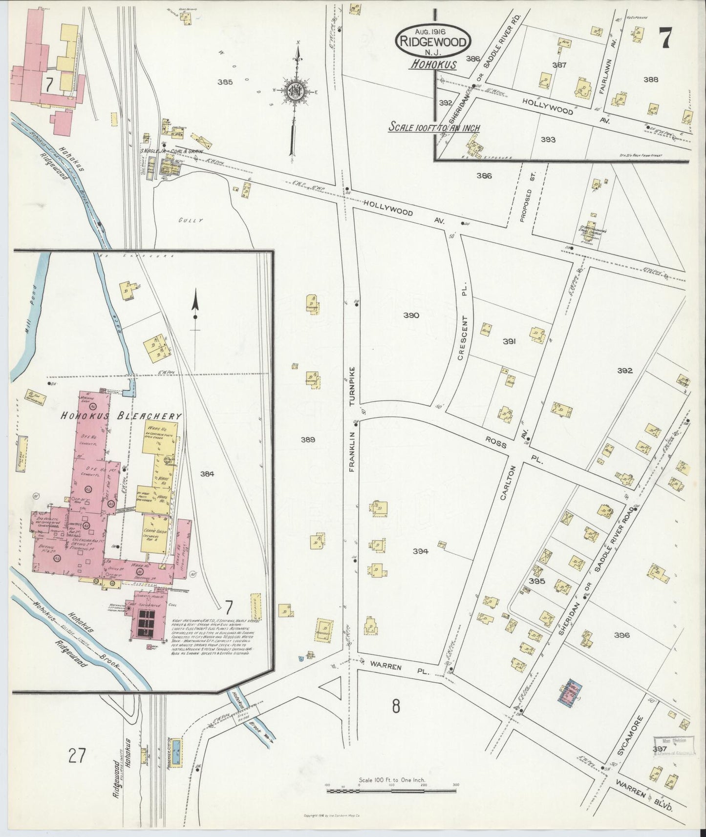 Sanborn Fire Insurance Map from Ridgewood, Bergen County, New Jersey (1916), Sheet #0007 - Complete Map Set gallery image, historic Sanborn map, vintage wall art, New Jersey New Jersey