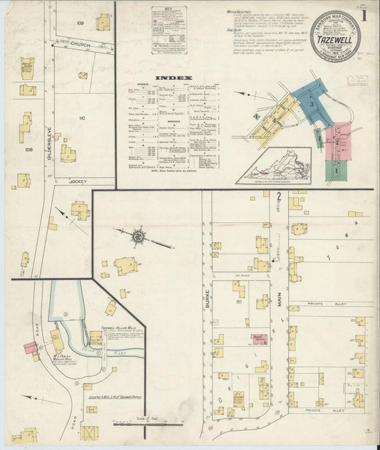 Sanborn Fire Insurance Map from Tazewell, Tazewell County, Virginia (1913), Sheet #0001 - Complete Map Set gallery image, historic Sanborn map, vintage wall art, Virginia Virginia