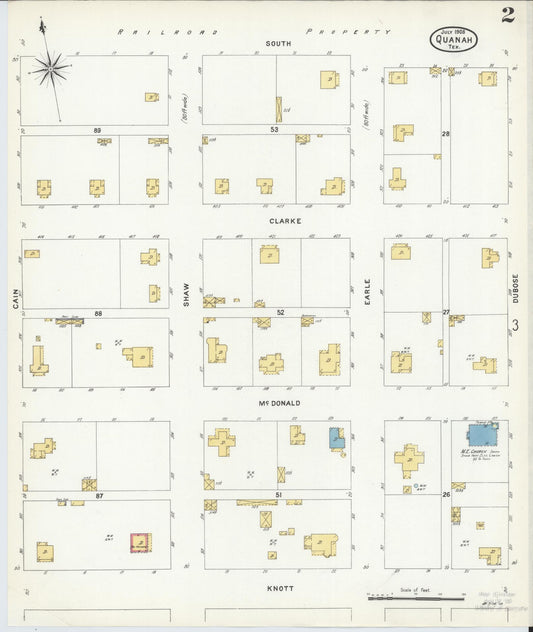 Sanborn Fire Insurance Map from Quanah, Hardeman County, Texas (1908), Sheet #0002 - Historic Sanborn Fire Insurance Map Print, vintage old map wall art, antique decor, genealogy gift, Texas Texas map
