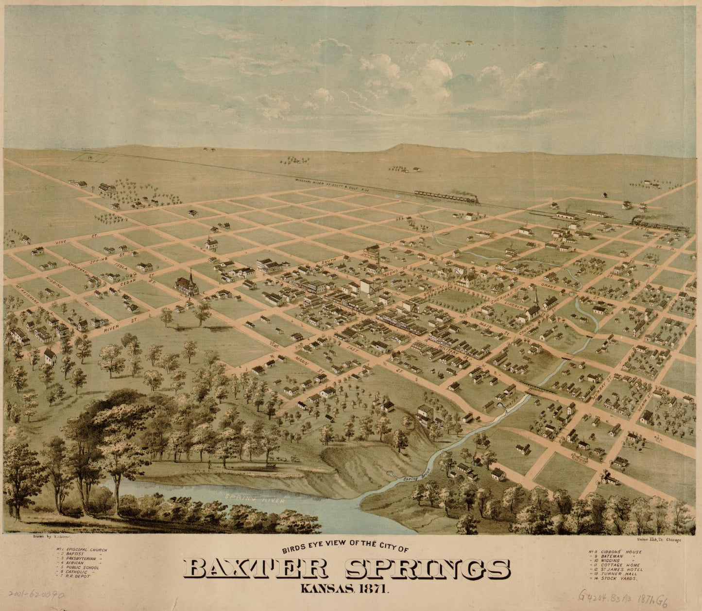 Birds eye view of the city of Baxter Springs, Kansas, 1871 (1871) – Historic Bird’s-Eye View Panorama Print