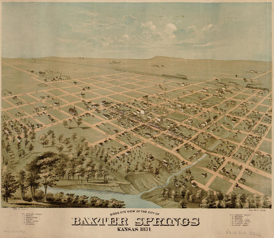 Birds eye view of the city of Baxter Springs, Kansas, 1871 (1871) – Historic Bird’s-Eye View Panorama Print