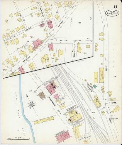 Sanborn Fire Insurance Map from Asheville, Buncombe County, North Carolina (1907), Sheet #0006 - Complete Map Set gallery image, historic Sanborn map, vintage wall art, North Carolina North Carolina