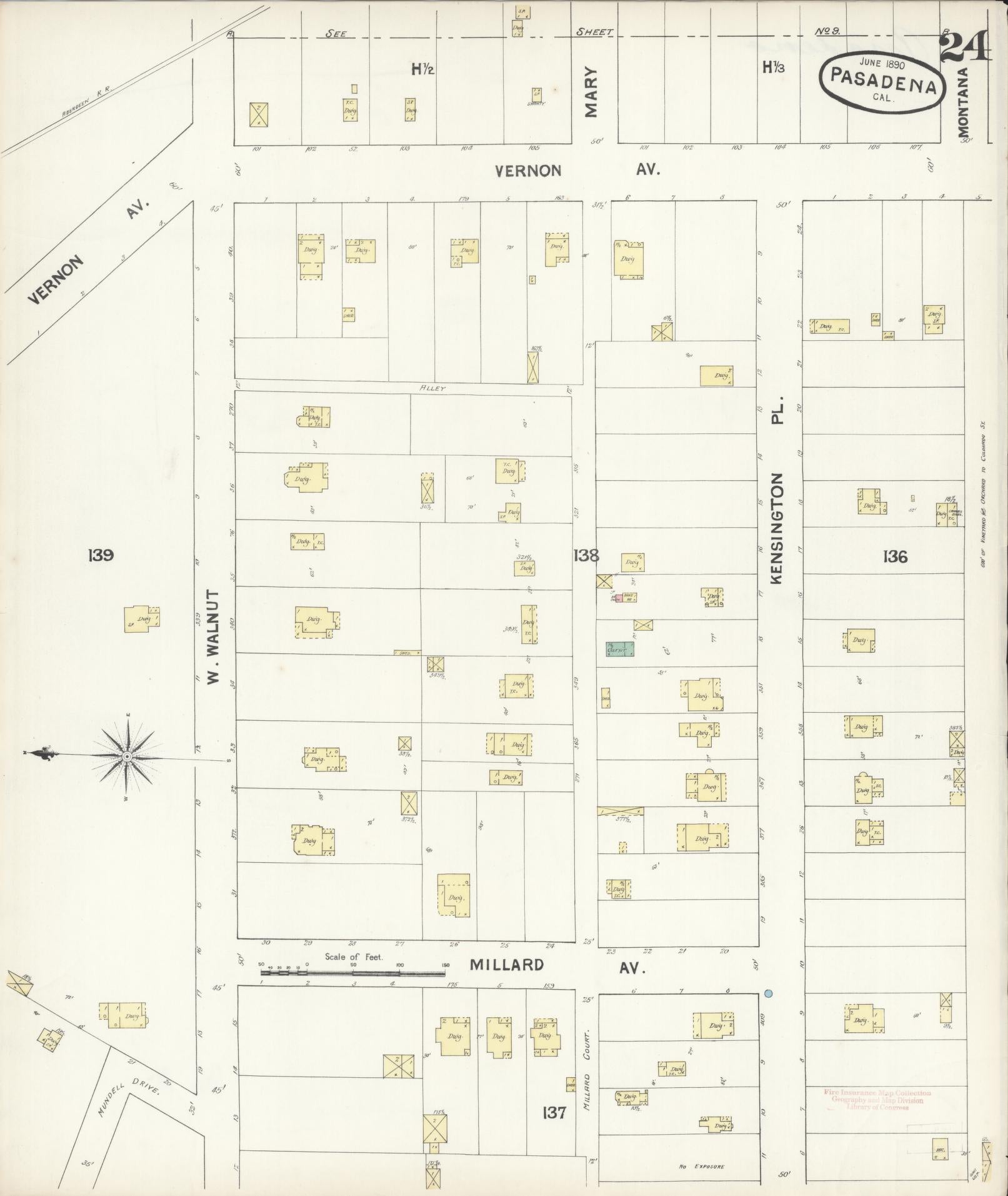 Sanborn Fire Insurance Map from Pasadena, Los Angeles County, California (1890), Sheet #0024 - Complete Map Set gallery image, historic Sanborn map, vintage wall art, California California