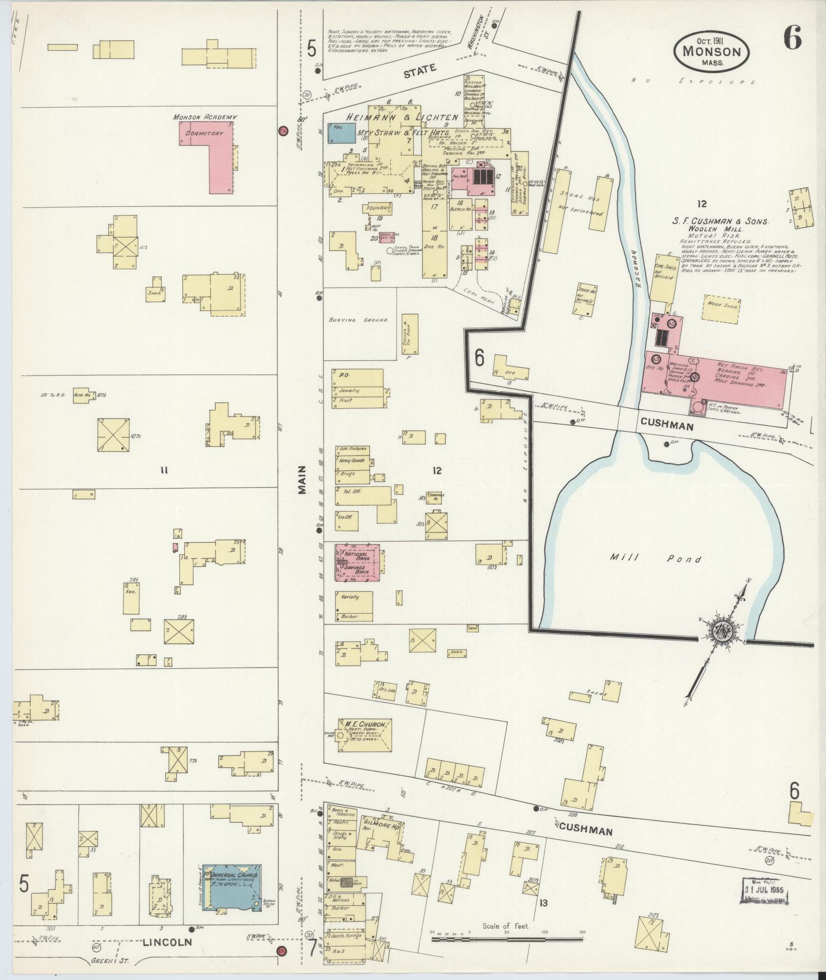 Sanborn Fire Insurance Map from Monson, Hampden County, Massachusetts (1911), Sheet #0006 - Complete Map Set gallery image, historic Sanborn map, vintage wall art, Massachusetts Massachusetts