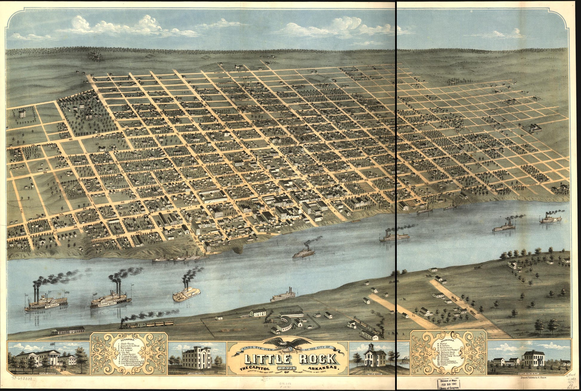 Bird's eye view of the city of Little Rock, the capitol of Arkansas 1871. (1871) – Historic Bird’s-Eye View Panorama Print