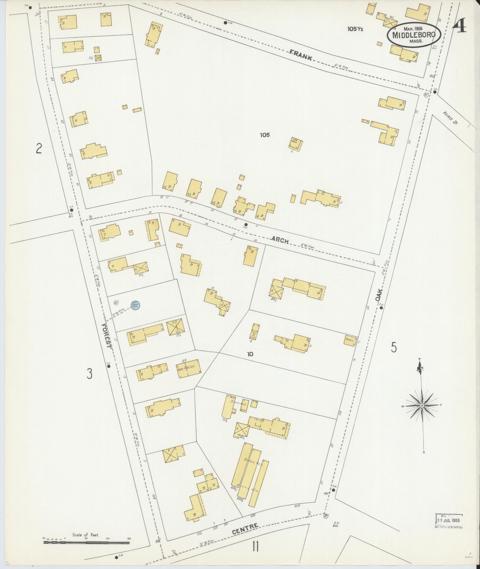 Sanborn Fire Insurance Map from Middleboro, Plymouth County, Massachusetts (1906), Sheet #0004 - Complete Map Set gallery image, historic Sanborn map, vintage wall art, Massachusetts Massachusetts