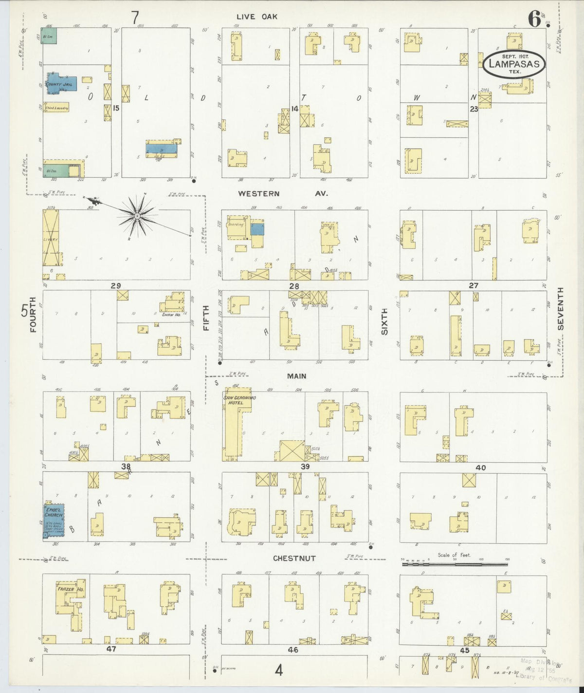 Sanborn Fire Insurance Map from Lampasas, Lampasas County, Texas (1907), Sheet #0006 - Historic Sanborn Fire Insurance Map Print, vintage old map wall art, antique decor, genealogy gift, Texas Texas map