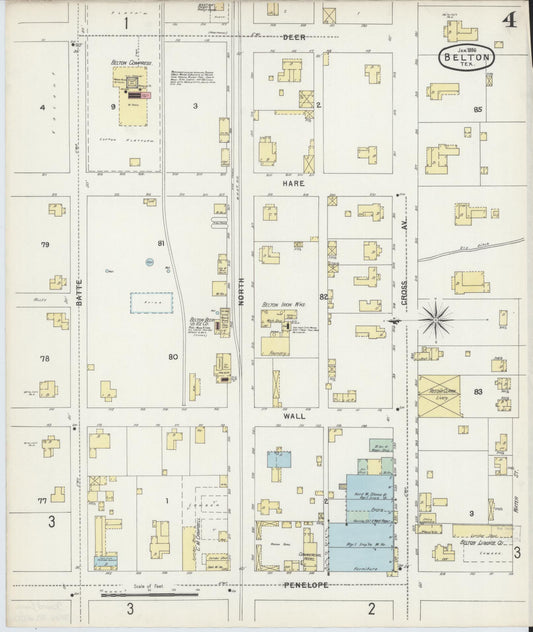 Sanborn Fire Insurance Map from Belton, Bell County, Texas (1896), Sheet #0004 - Historic Sanborn Fire Insurance Map Print, vintage old map wall art, antique decor, genealogy gift, Texas Texas map