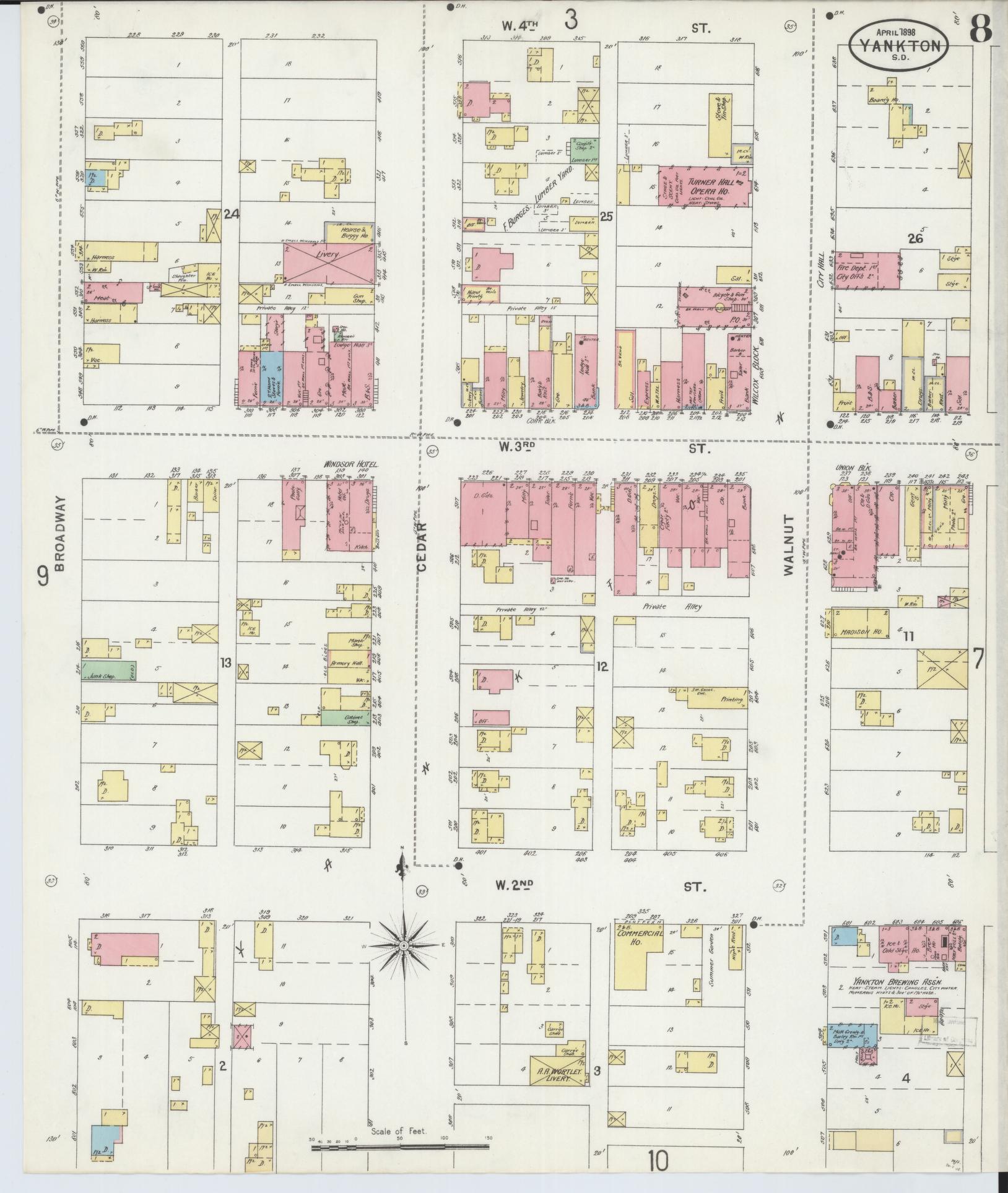 Sanborn Fire Insurance Map from Yankton, Yankton County, South Dakota (1898), Sheet #0008 - Historic Sanborn Fire Insurance Map Print, vintage old map wall art, antique decor, genealogy gift, South Dakota South Dakota map