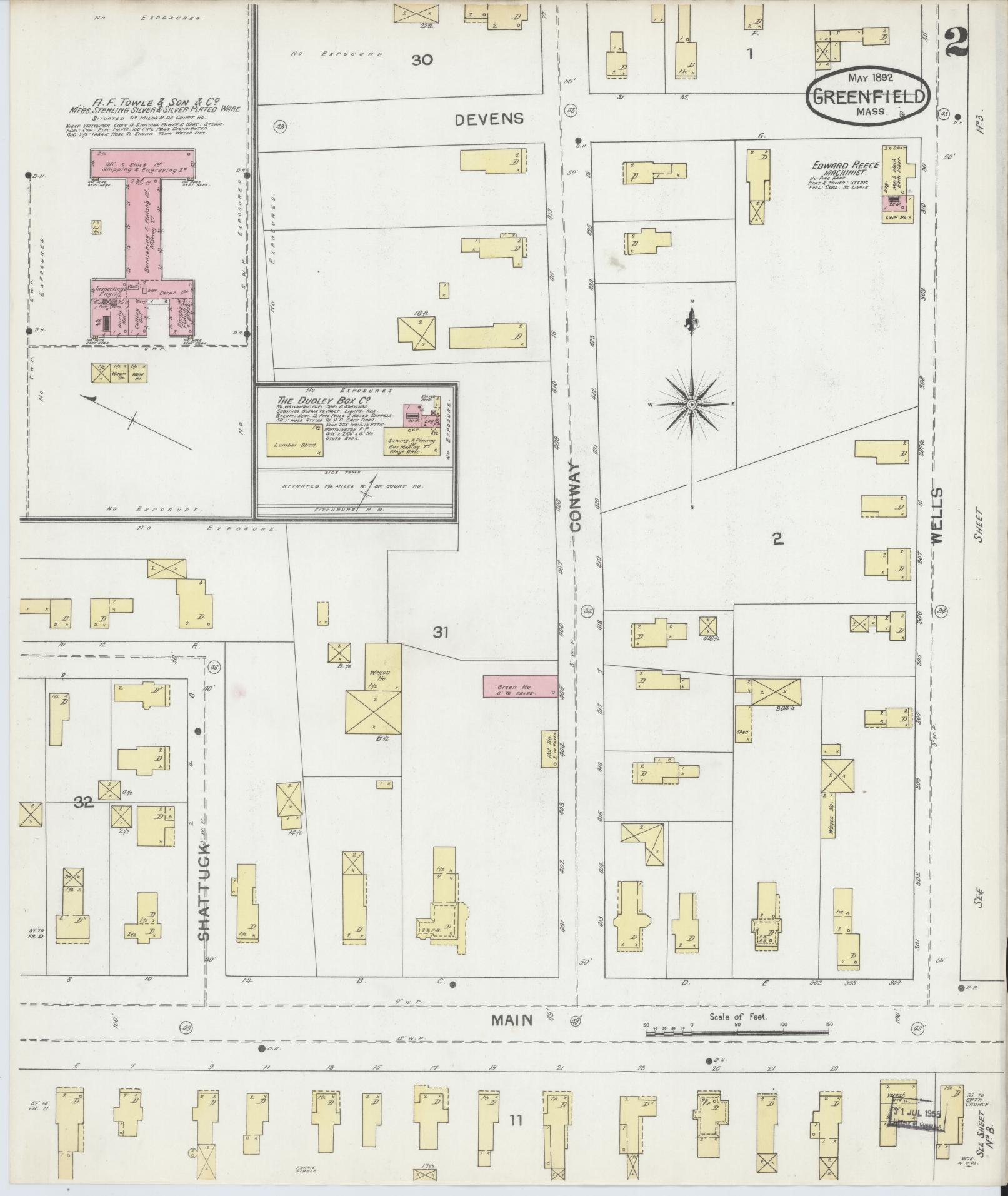Sanborn Fire Insurance Map from Greenfield, Franklin County, Massachusetts (1892), Sheet #0002 - Historic Sanborn Fire Insurance Map Print, vintage old map wall art, antique decor, genealogy gift, Massachusetts Massachusetts map
