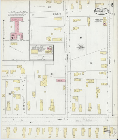 Sanborn Fire Insurance Map from Greenfield, Franklin County, Massachusetts (1892), Sheet #0002 - Historic Sanborn Fire Insurance Map Print, vintage old map wall art, antique decor, genealogy gift, Massachusetts Massachusetts map