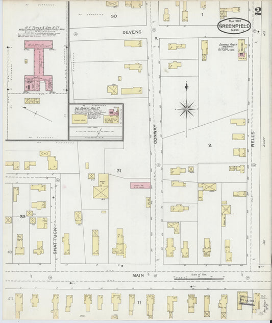 Sanborn Fire Insurance Map from Greenfield, Franklin County, Massachusetts (1892), Sheet #0002 - Historic Sanborn Fire Insurance Map Print, vintage old map wall art, antique decor, genealogy gift, Massachusetts Massachusetts map